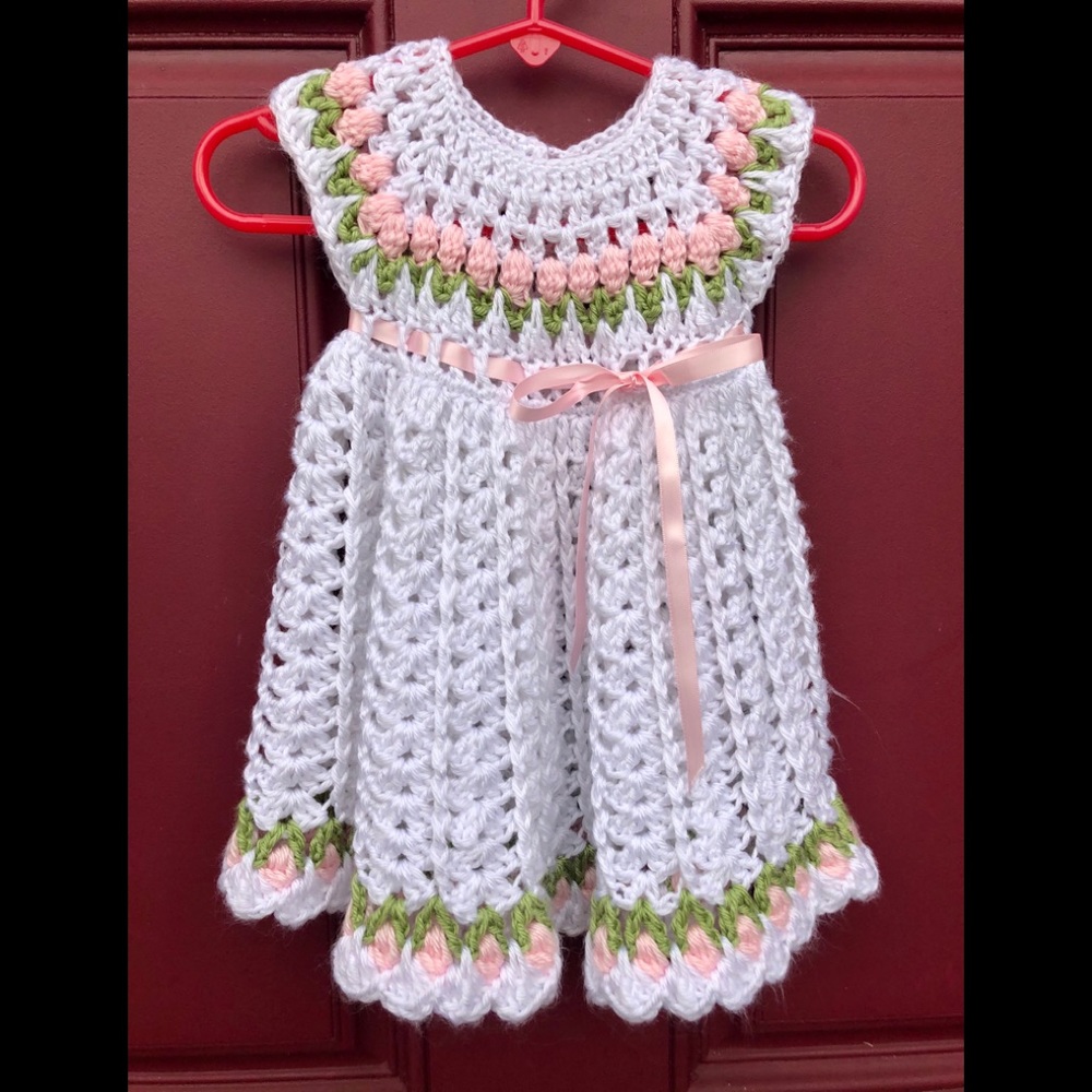 Hand-made Crochet Dress White with flower accents